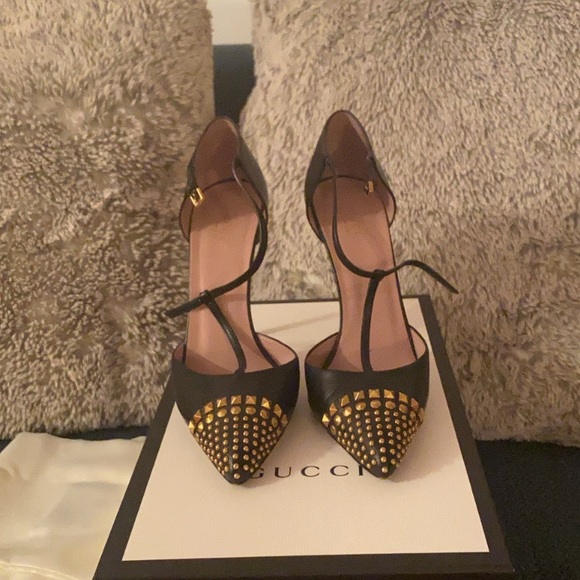 Gucci Shoes - Gucci Studded T-Strap Cap-Toe Heels